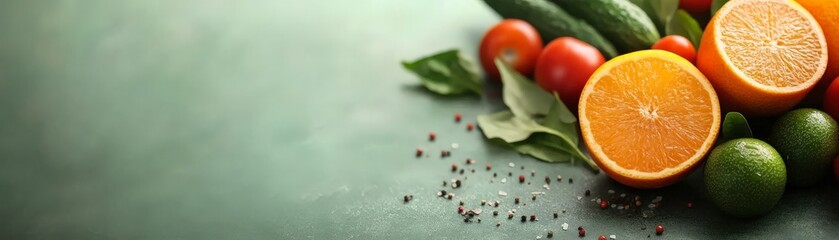 Fresh oranges and cucumbers on a green surface, garnished with leaves and spices, promoting healthy eating and vibrant colors.