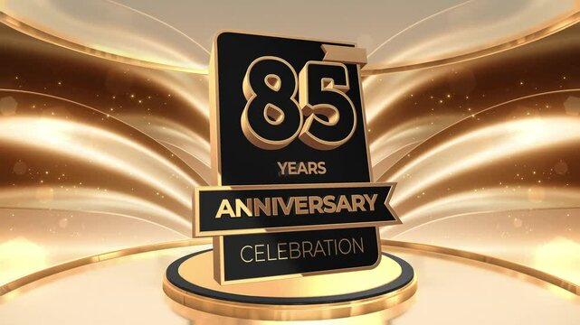 85 years, 85th anniversary logo loop, looped video background, backdrop in 3D Gold 