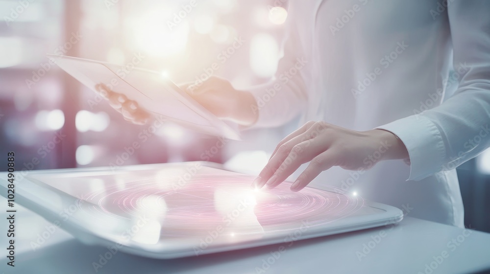 Poster a person interacting with futuristic technology, using a tablet to control holographic displays in a