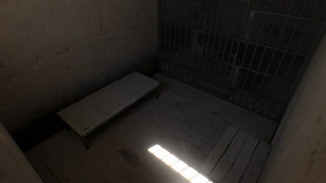 Sunlight slowly shifts across a simple prison cell with a cot, table, and bucket, illustrating time passing in a high-security facility with minimal amenities.
