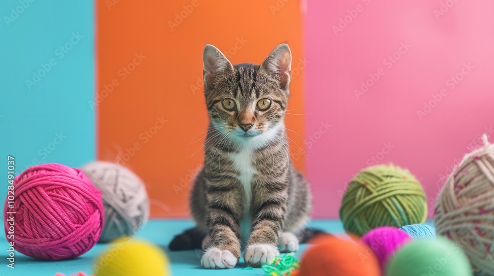 Poster two adorable kittens are engaged in playful antics with various colorful balls and yarn in a cheerfu