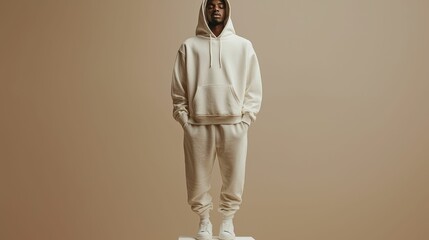 An African male model stands confidently in a stylish beige hoodie and joggers on a light brown backdrop, showcasing a contemporary casual look.