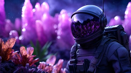 Alien planet surface with giant crystal formations, multi-colored alien flora, and an explorer in a futuristic suit scanning the environment 