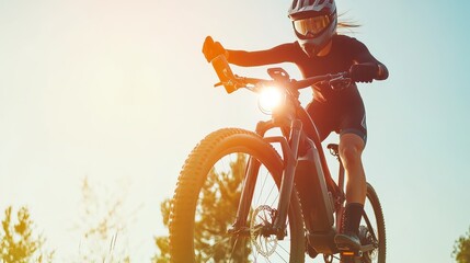 A young cyclist performs an exciting stunt on a mountain bike during sunset, showcasing energy and adventure in the great outdoors.