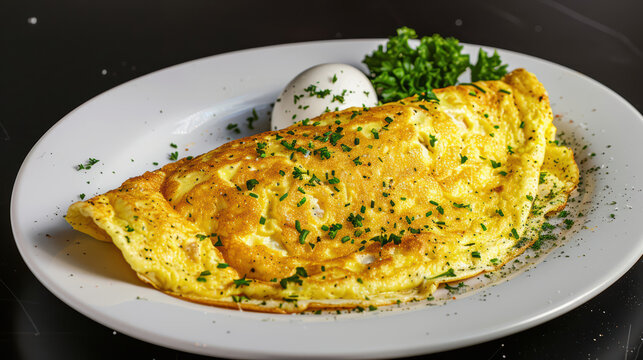 Delicious omelette served with boiled egg and fresh parsley, showcasing perfect breakfast option. vibrant colors and textures make it visually appealing and appetizing