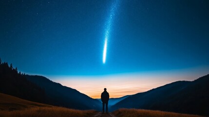 Fototapeta premium Bright comet streaking across the night sky, illuminating the path of travelers below, marking the Epiphany and the guiding star 