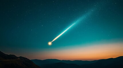 Fototapeta premium Bright comet streaking across the night sky, illuminating the path of travelers below, marking the Epiphany and the guiding star 