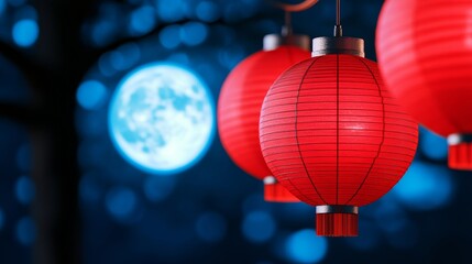 Bright red lanterns hanging under a full moon, illuminating the streets during a Lunar New Year...