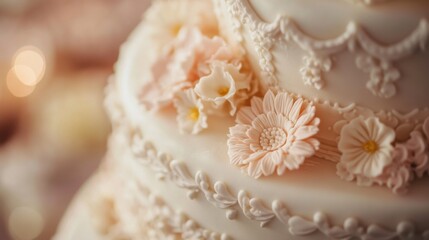 Close-up of a beautifully decorated wedding cake with white fondant and pastel floral details. Warm ambient light and soft focus on the intricate design.