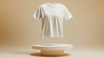 A minimalist product display featuring a white t-shirt floating above a circular platform with a soft beige background, emphasizing simplicity and elegance.