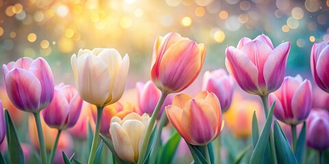Fototapeta premium Delicate pastel tulips captured in tilt-shift photography create a mesmerizing visual experience, highlighting their beauty and charm through stunning floral imagery that captivates the eye.