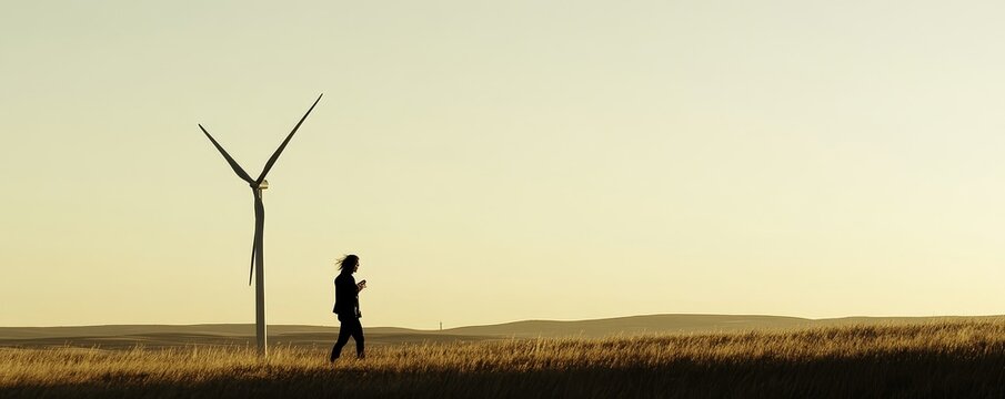 A solitary figure walks through an open field, accompanied by a wind turbine against a serene sky, symbolizing sustainability.