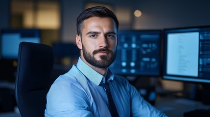 Fototapeta premium Community manager sitting at a desk with multiple monitors, answering messages and interacting with a diverse group of people on virtual platforms, symbolizing online community engagement 