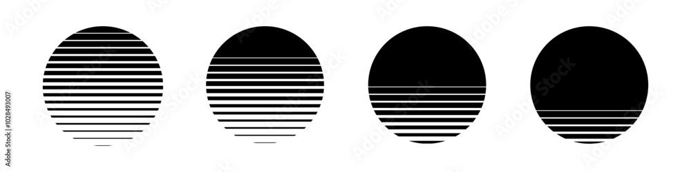 Poster set of suns made of striped halftone gradient lines texture. fading horizontal stripes gradation bac
