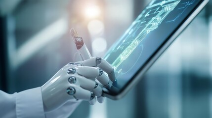 A robotic hand interacts with a digital tablet, showcasing advanced technology for modern innovation and automation.