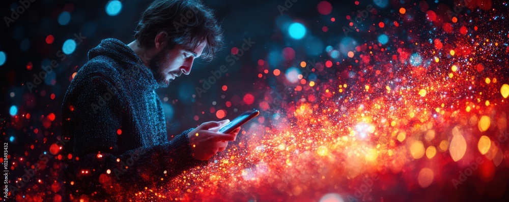 Poster man using smartphone with a festive red and blue background