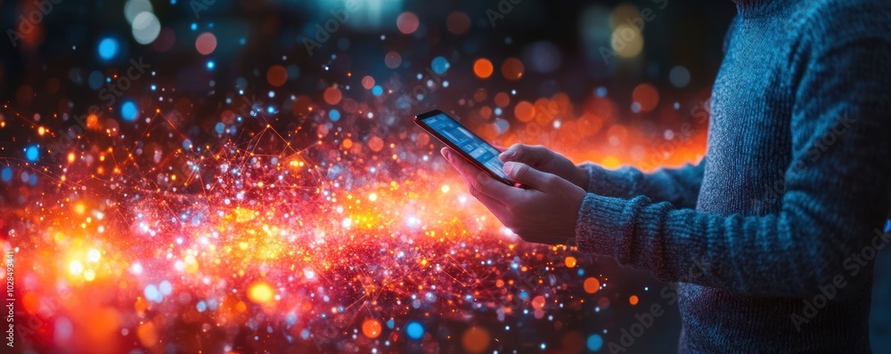 Poster person using smartphone with digital network background