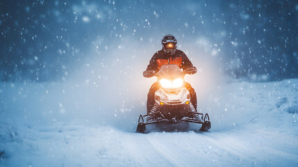 A snowmobile rider wearing reflective gear navigating through a snowstorm with visibility rapidly decreasing.