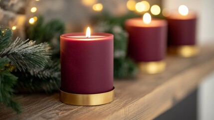 Deep burgundy candles in gold holders, flickering softly on a wooden mantle decorated with dark greenery and delicate fairy lights 
