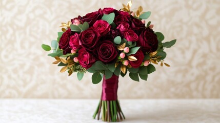 Obraz premium Deep burgundy silk ribbon tied around a bouquet of dark red roses, with soft golden leaves, creating a romantic and sophisticated floral arrangement 