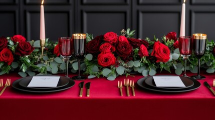 Elegant burgundy velvet tablecloth with gold accents, set with candles, dark red roses, and sparkling glassware, creating a luxurious and rich dining atmosphere 