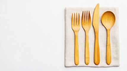 Sustainable bamboo cutlery set on a linen cloth, minimalistic style, earthy tones, top-down view, soft natural light, eco-lifestyle