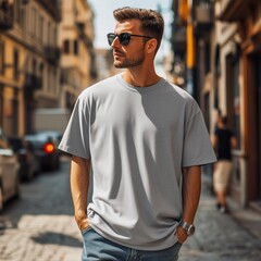 Men gray oversized tshirt mockup. Handsome young man model in sunglasses wearing basic crewneck t-shirt mock up. Men's regular shirt, front view of casual tee, urban lifestyle	