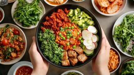 Family enjoying Seollal feast together, with brightly colored food spread across the table and laughter filling the room, symbolizing unity and tradition 