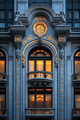 Fototapeta premium The building has a lot of windows and a clock on the front. The windows are open and the building is lit up