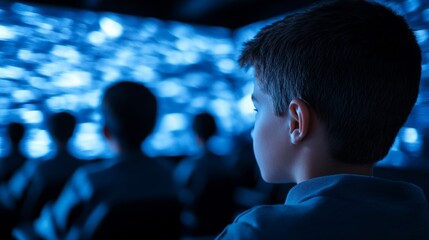 Futuristic classroom with holographic displays, diverse students learning through interactive technology, representing the future of education 