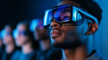 Futuristic classroom with holographic displays, diverse students learning through interactive technology, representing the future of education 