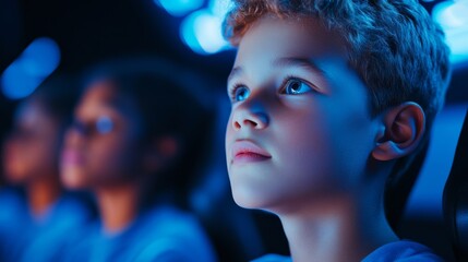 Futuristic classroom with holographic displays, diverse students learning through interactive technology, representing the future of education 