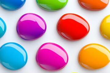 Row of colorful spheres with a white background. The spheres are of different colors. Concept of vibrancy, diversity. vibrant, glossy blobs in various colors floating on a clean, white background.