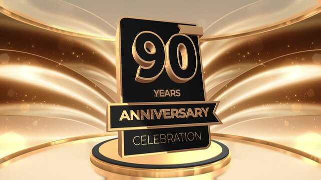 90 years, 90th anniversary logo loop, looped video background, backdrop in 3D Gold 