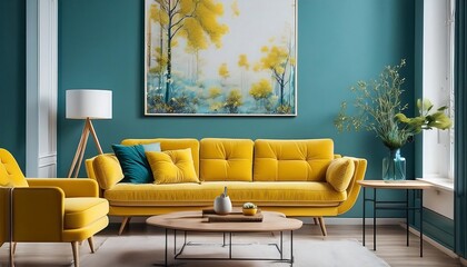 Vibrant yellow sofa and chair near teal wall with poster frame. Scandinavian interior design