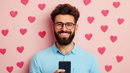 Happy community manager receiving positive feedback notifications on a smartphone, surrounded by virtual hearts, likes, and smiles