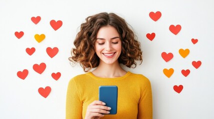 Happy community manager receiving positive feedback notifications on a smartphone, surrounded by virtual hearts, likes, and smiles 