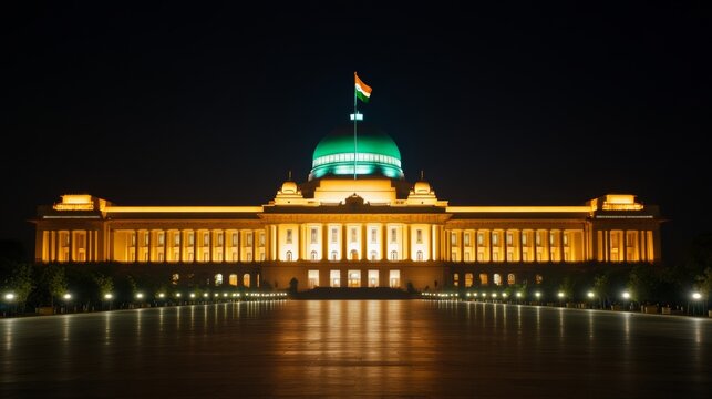 Indian flag projected onto the Rashtrapati Bhavan, illuminated against the night sky, symbolizing national pride during Republic Day 