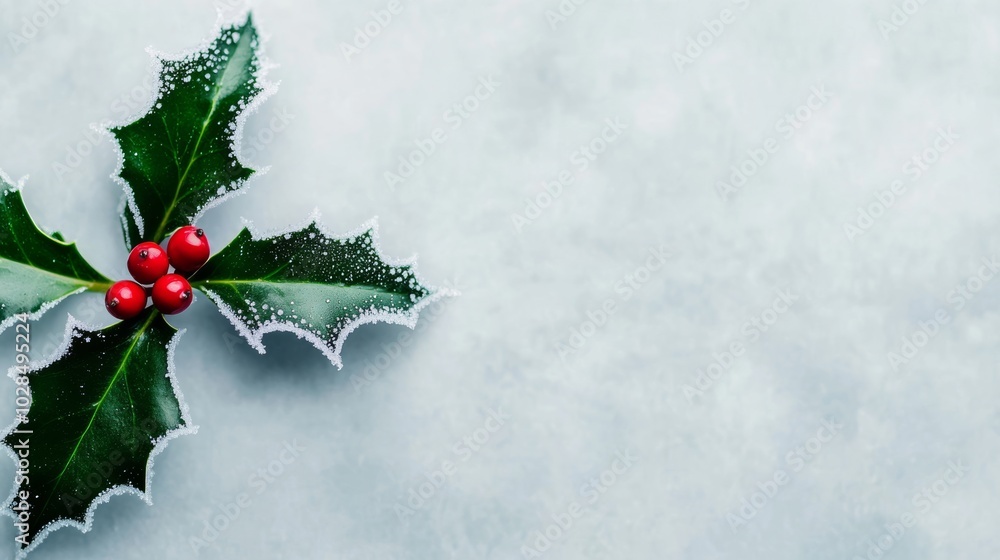 Poster intricate frost design highlights a single holly leaf against a blurred wintery background with empt