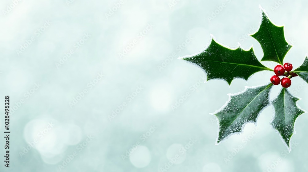 Poster intricate frost design highlights a single holly leaf against a blurred wintery background with empt