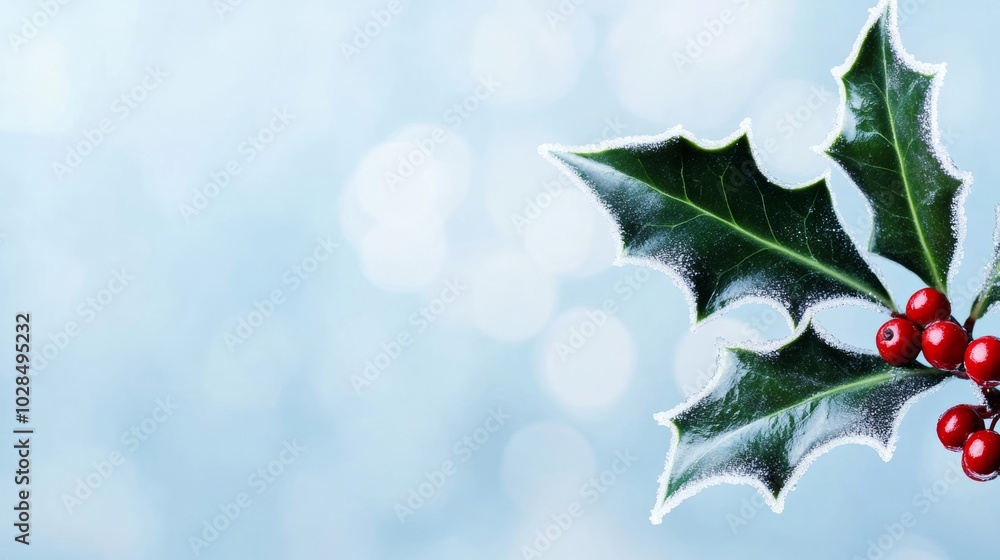 Poster intricate frost design highlights a single holly leaf against a blurred wintery background with empt