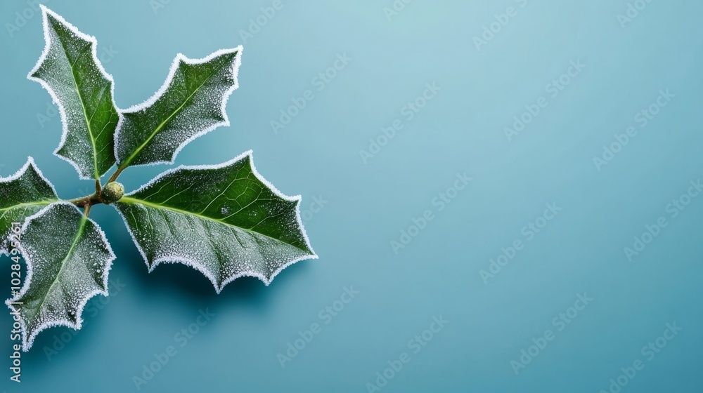 Poster intricate frost patterns adorn a single holly leaf isolated on a frosty blue gradient background