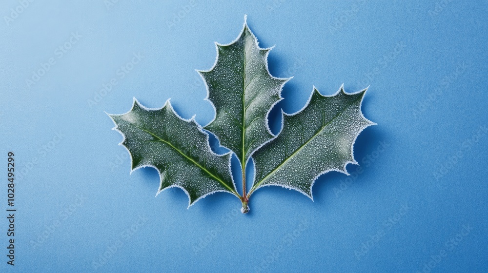 Poster intricate frost patterns adorn a single holly leaf isolated on a frosty blue gradient background