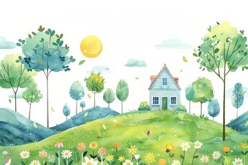 Fototapeta premium Peaceful House in Lush Green Landscape Illustration