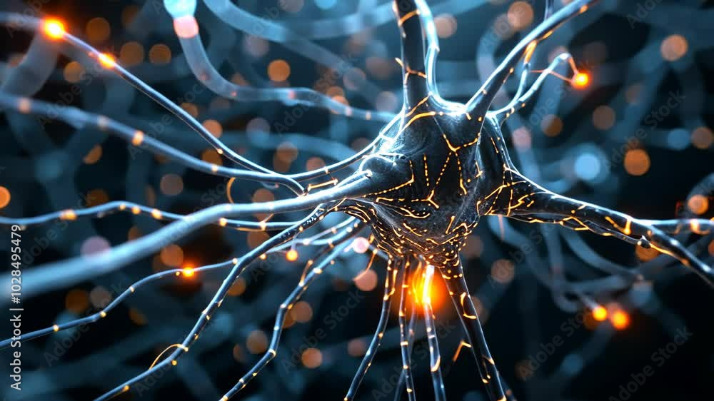 Poster a digital illustration of a single neuron, a type of nerve cell, showing its complex structure and h