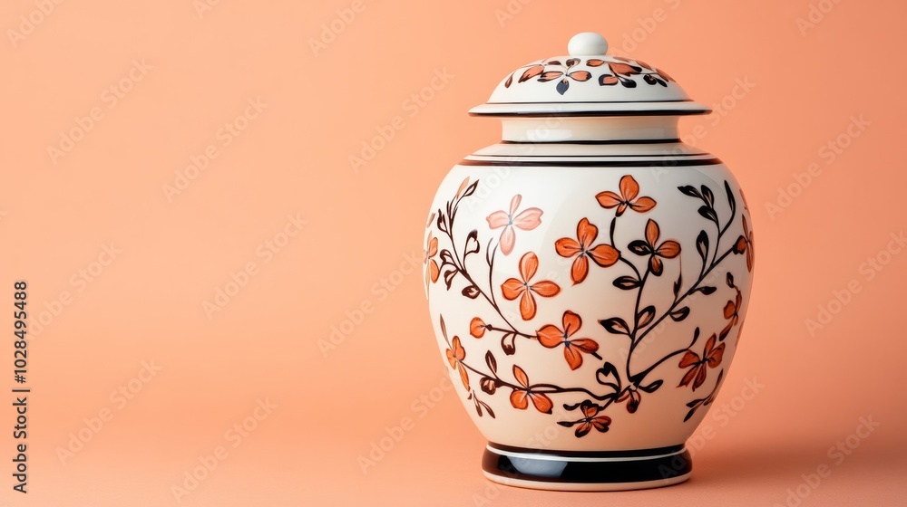 Poster isolated cremation urn with delicate floral patterns, set against a soft gradient background with sp