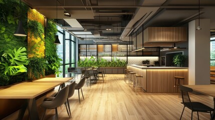 Modern Cafe Interior with Green Wall and Wooden Counter