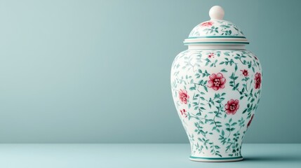 Isolated cremation urn with delicate floral patterns, set against a soft gradient background with space for text, symbolizing respectful memorialization 
