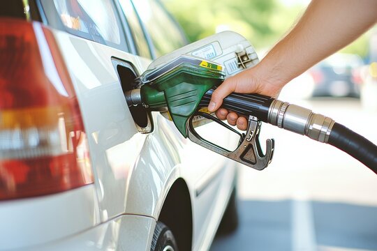 Man is filling up his car with gas. Concept of routine and responsibility, as the man is taking care of his vehicle's needs. Filling up car with fuel at a gas station on a sunny day in the afternoon