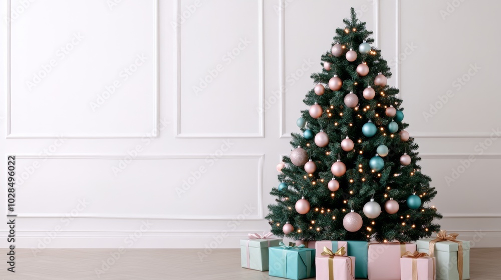 Sticker Pastel Christmas tree decorated with light pink, mint green, and soft gold ornaments, glowing softly with warm fairy lights and surrounded by pastel-wrapped presents 